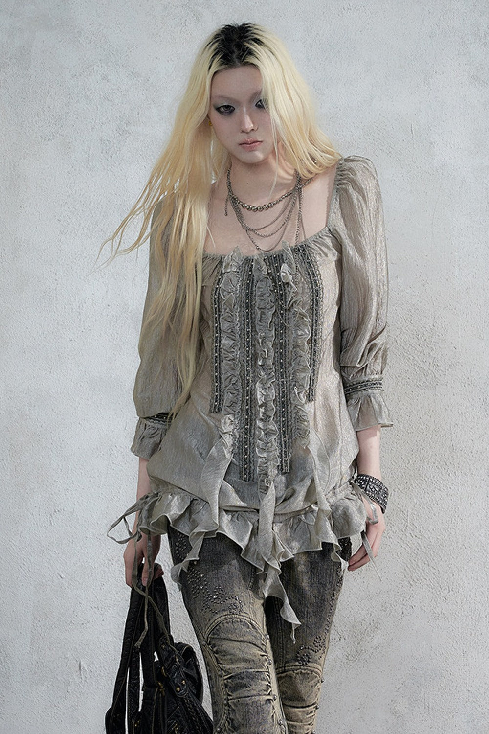 Ruffle Ribbon Puff Sleeve Blouse