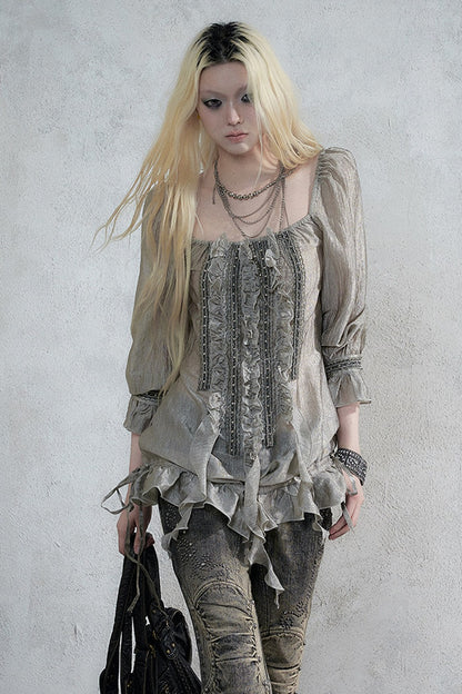 Ruffle Ribbon Puff Sleeve Blouse