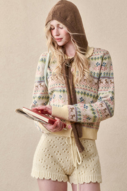 Reindeer Fair Isle Lace Trim Cardigan Top