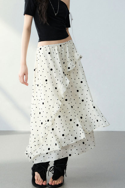 Flocked Polka Dot Ruffled A-Line Skirt and Top Set-Up