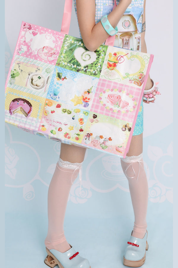 Cute Patchwork Print Large Woven Tote Bag