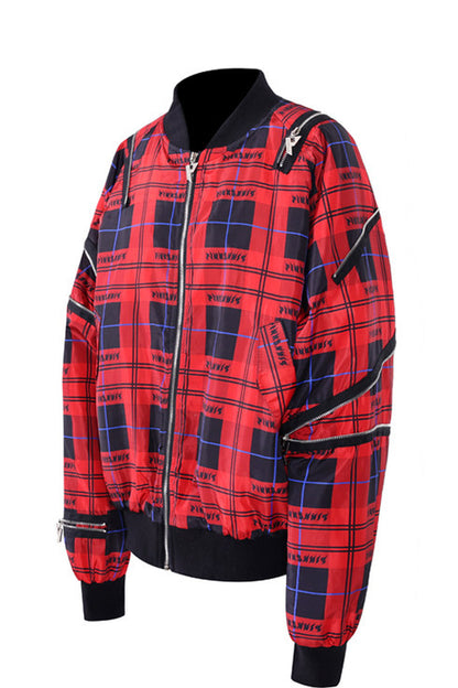 Flame Red Quilted Zipper Structure Patchwork Jacket