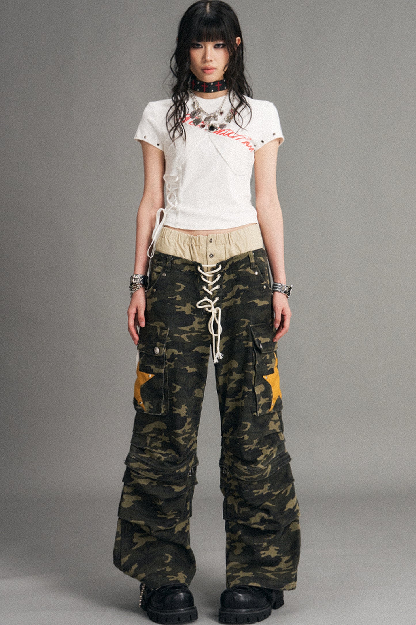 Punk Lace-Up Graphic Print Top