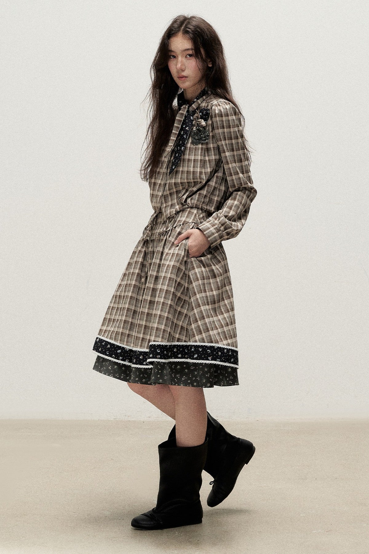Plaid Contrast Ribbon Shirt and Skirt Set-Up