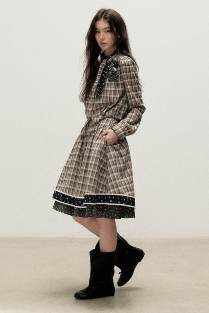 Plaid Contrast Ribbon Shirt and Skirt Set-Up