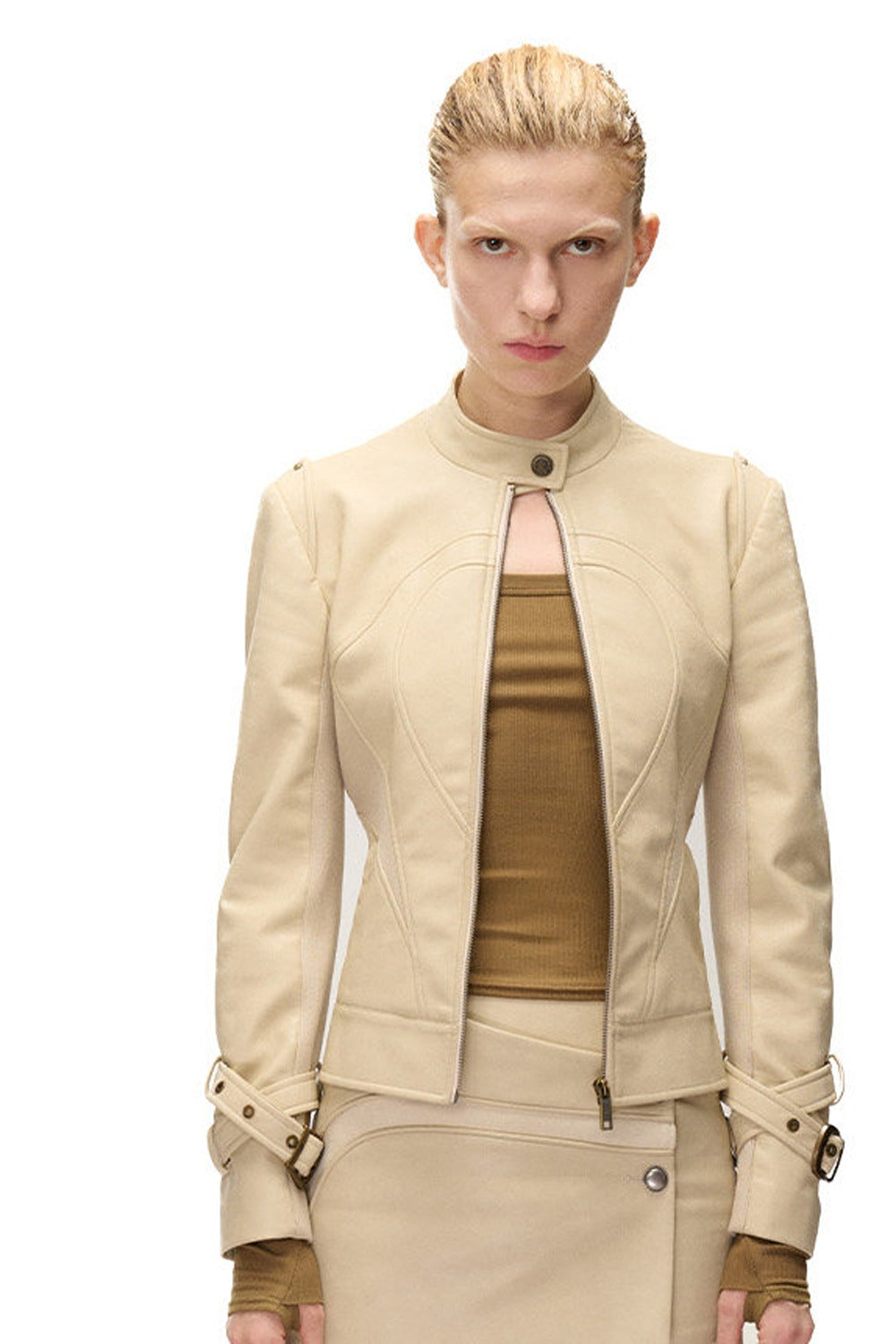 Slim-Fitting Functional Spliced PU Leather Jacket