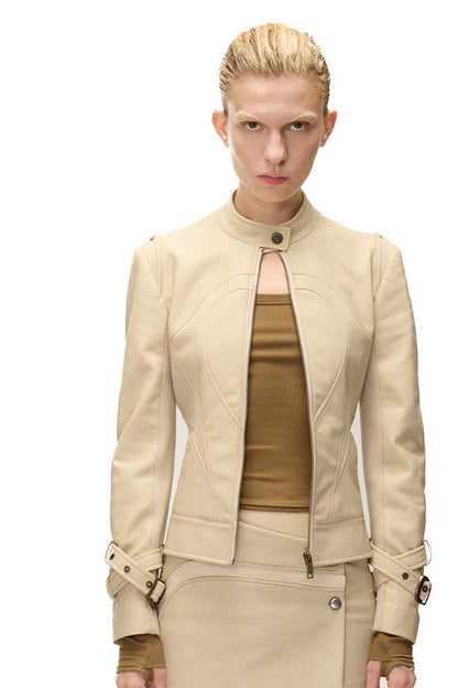 Slim-Fitting Functional Spliced PU Leather Jacket