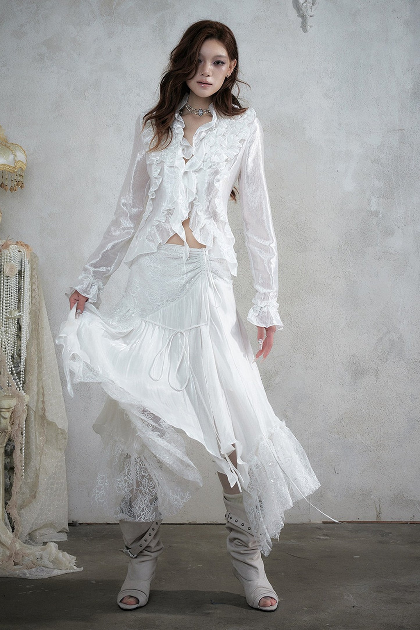 Ruffle Trim Tie Waist Long-Sleeved Blouse
