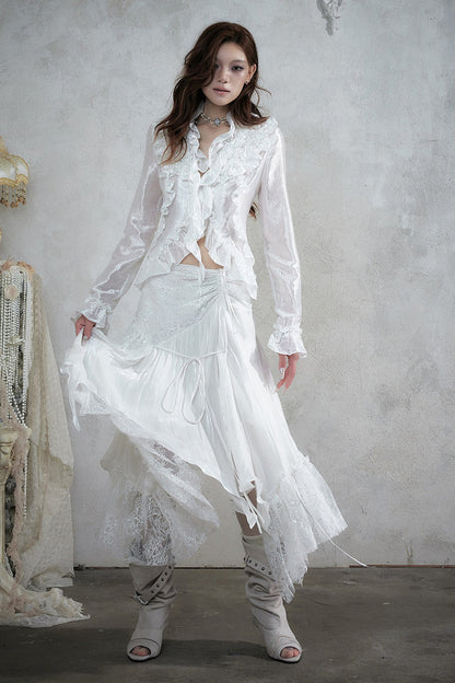 Ruffle Trim Tie Waist Long-Sleeved Blouse