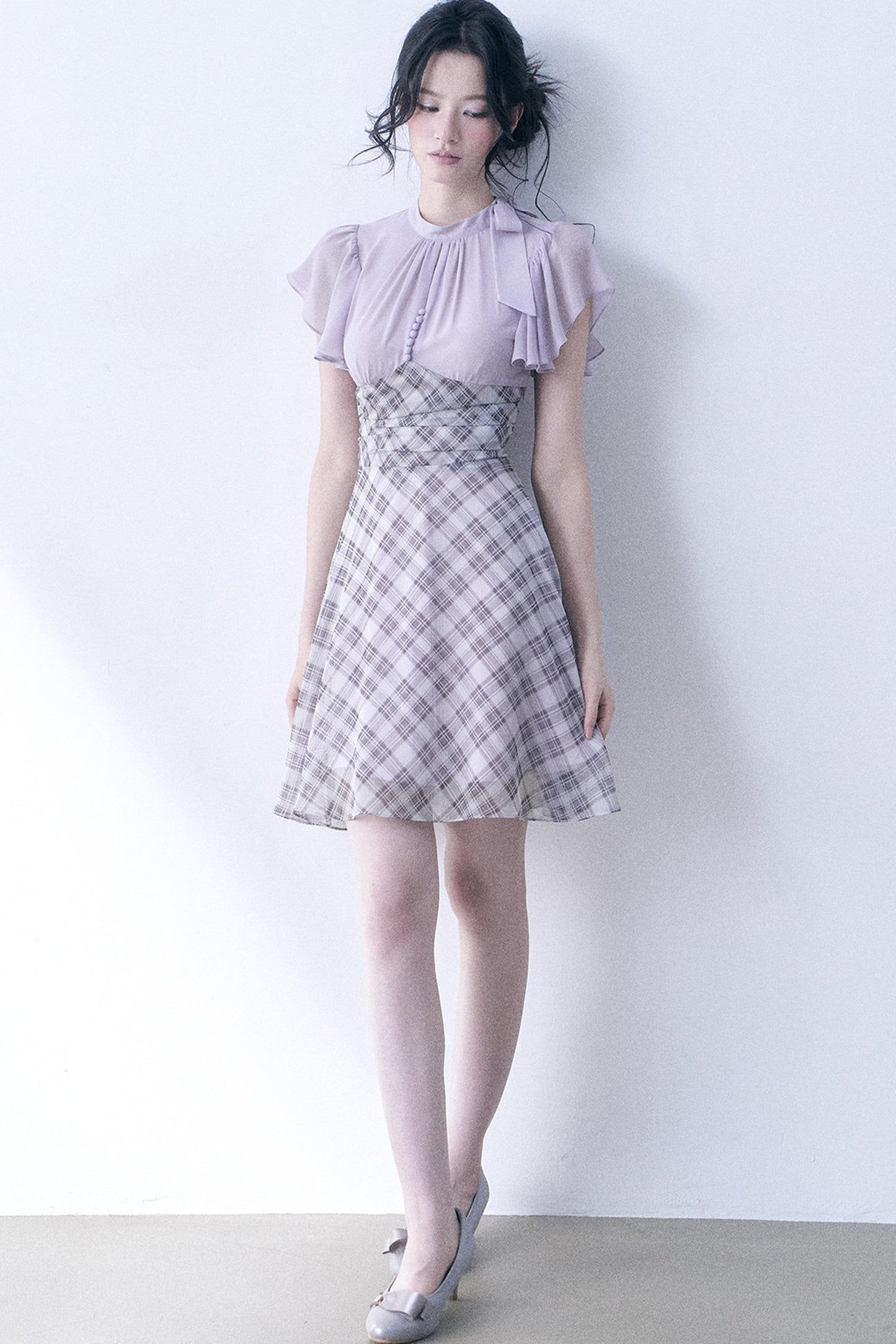 Lavender Plaid Flutter Sleeve Dress