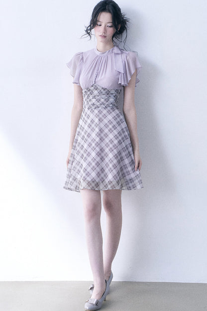 Lavender Plaid Flutter Sleeve Dress