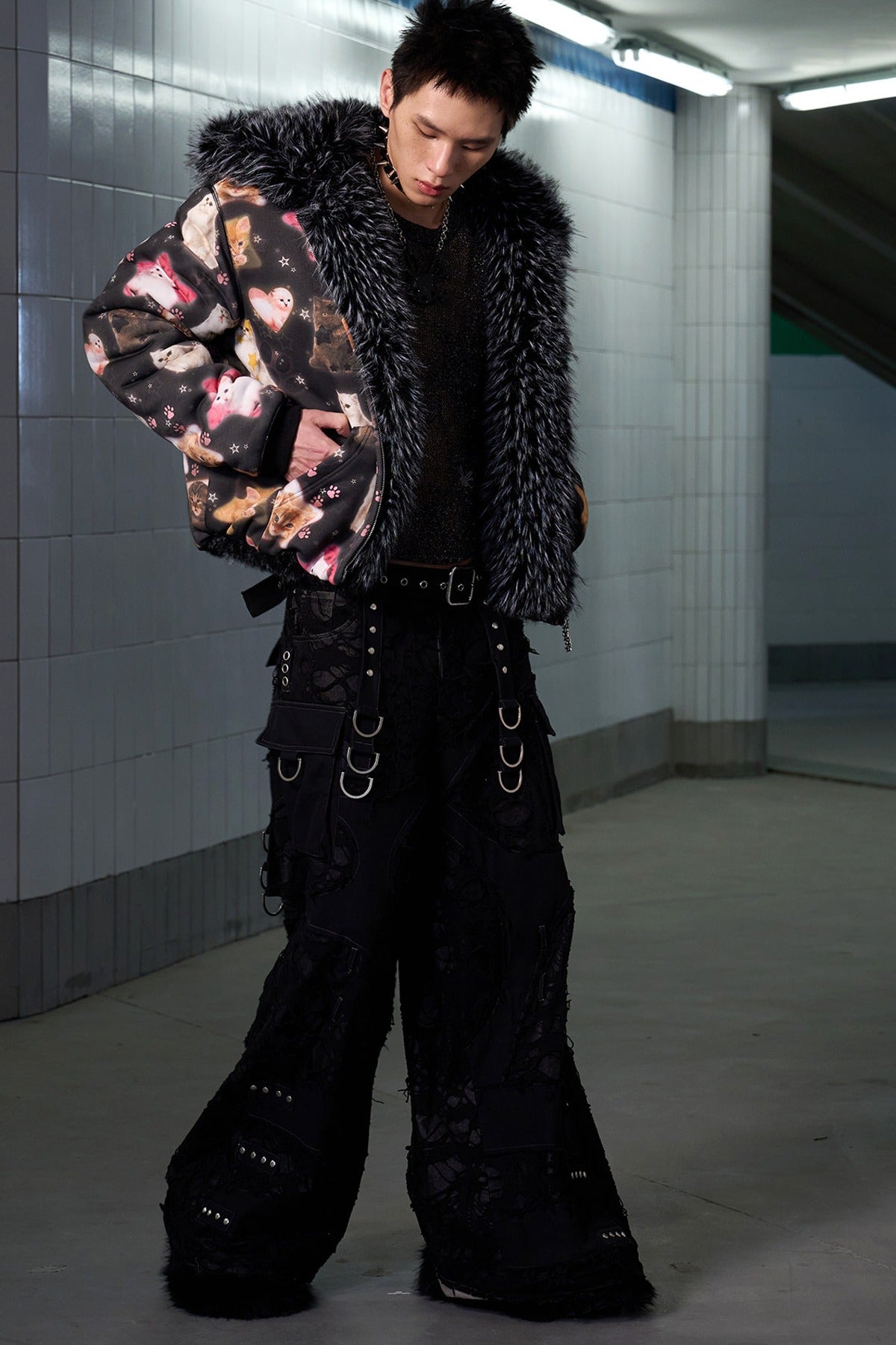 Cat Print Reversible Fur Coat