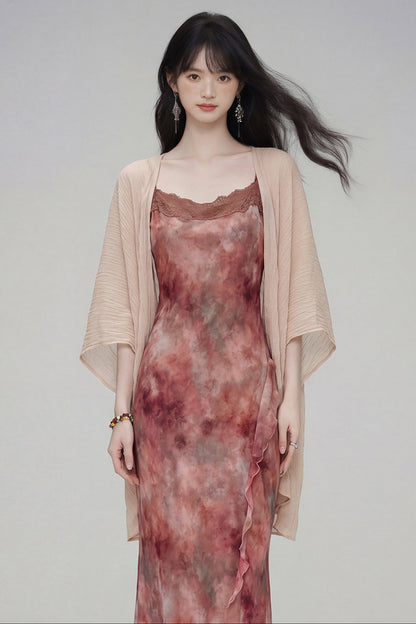 Gradient Print Suspender Dress with Cardigan Set-Up