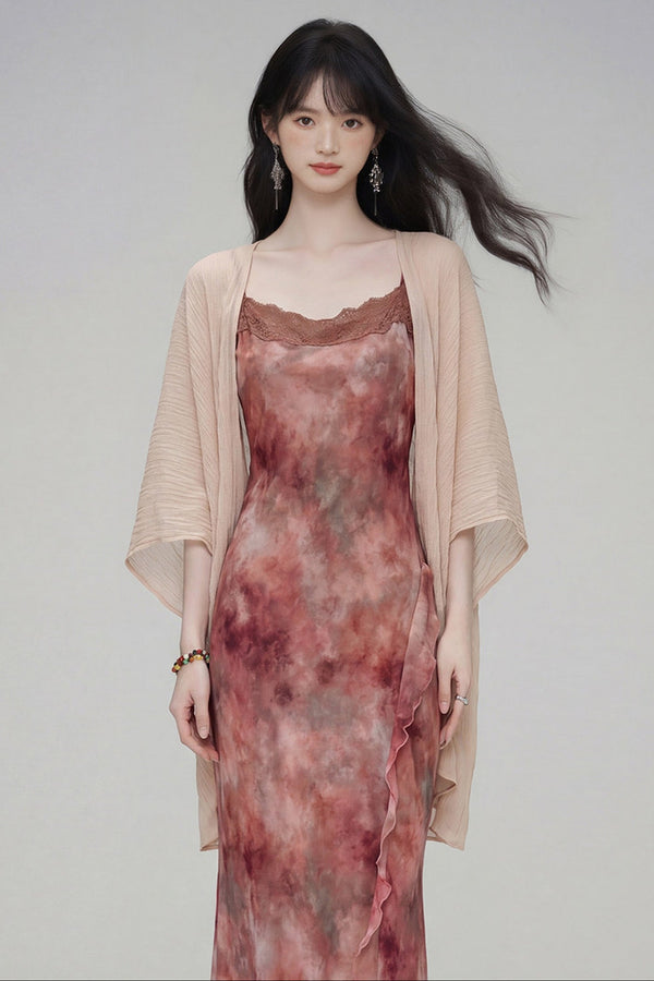 Gradient Print Suspender Dress with Cardigan Set-Up