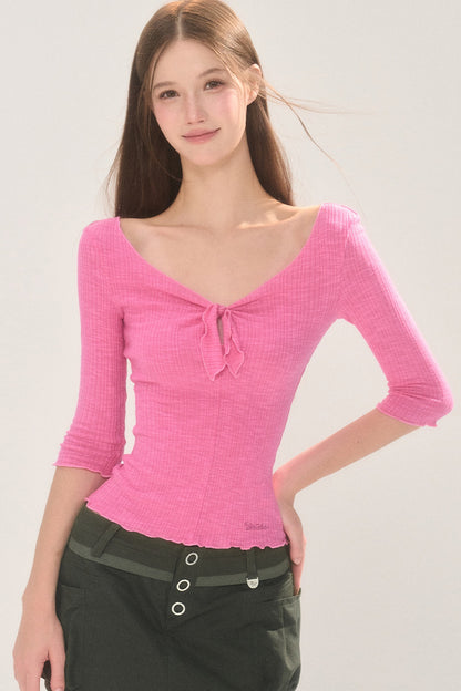 Solid Color Mid-Sleeve Hollow Blouse