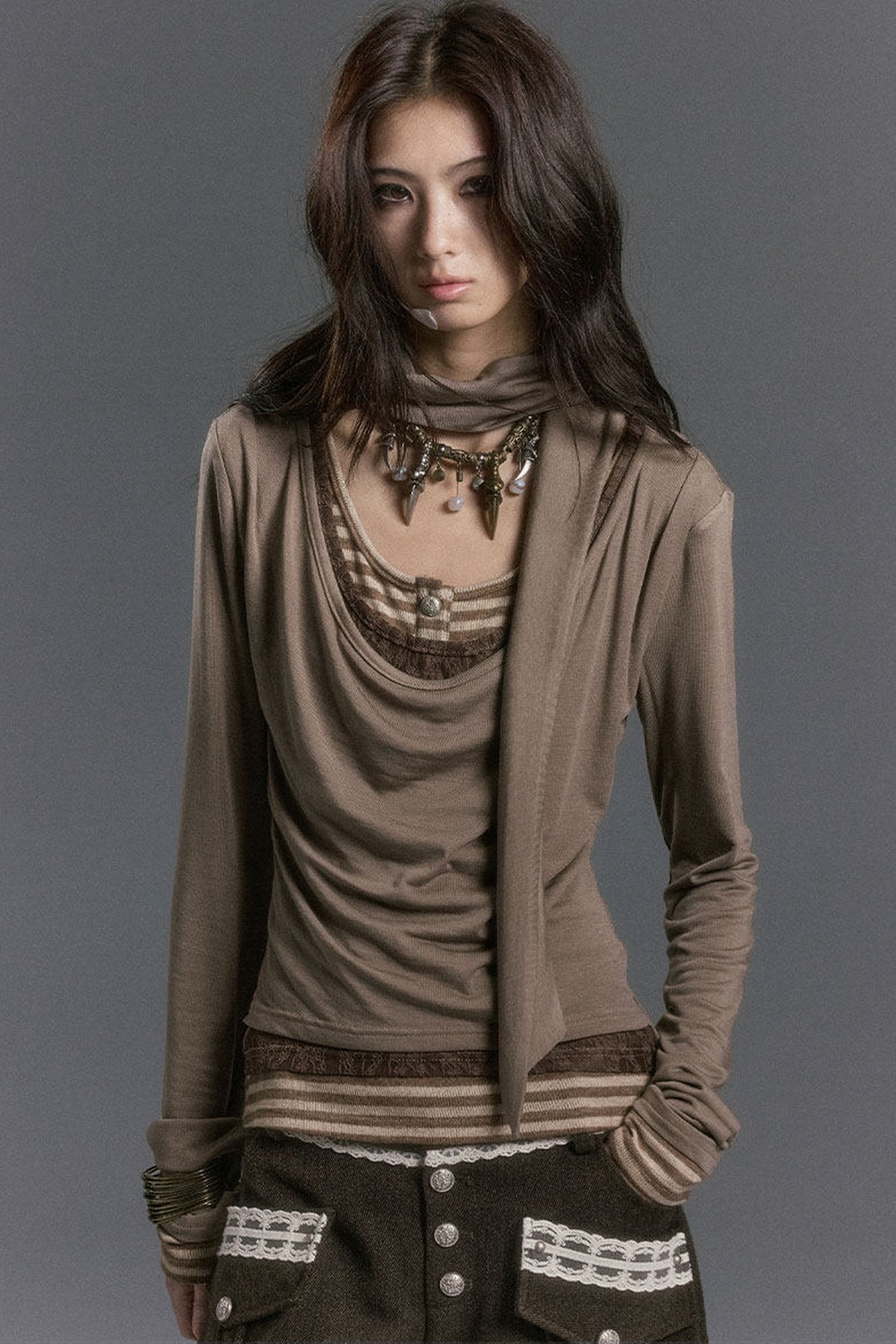 Langarmshirt im Lagenlook mit Spitzen-Patchwork und Streifen