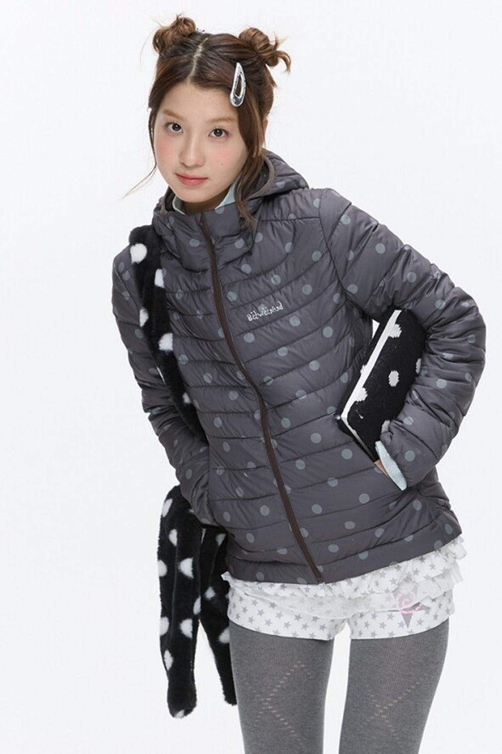 Hooded Ribbed Polka Dot Down Jacket