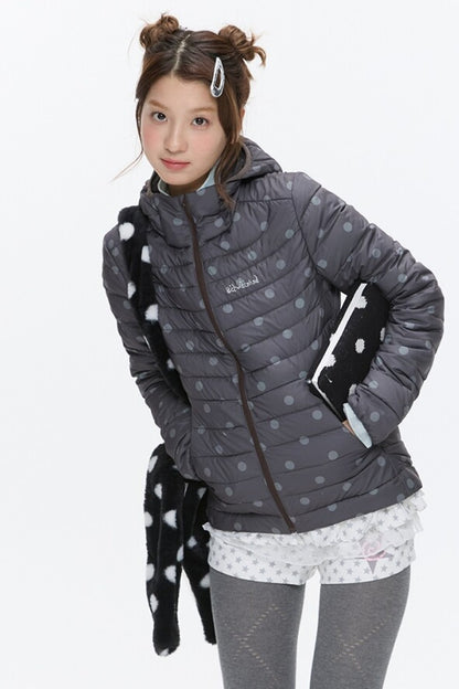 Hooded Ribbed Polka Dot Down Jacket
