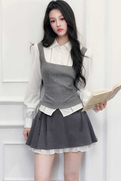 Preppy Shoulder Cutout Lace Blouse and Skirt Set-Up