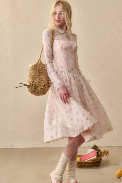 Peach Floral Satin Tencel Dress Set-Up