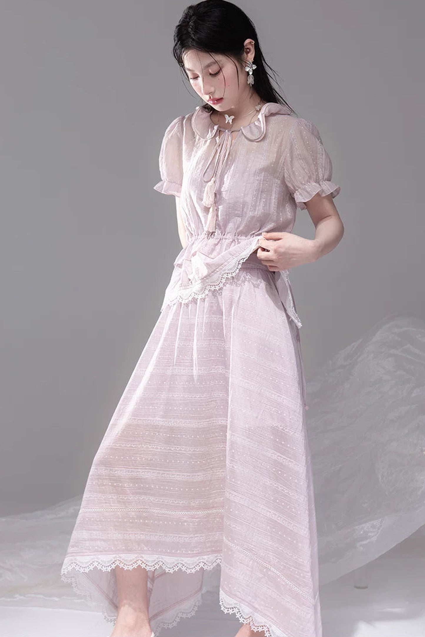 Romantic Sicily Lyocell Ruffle Collar Blouse Set-Up