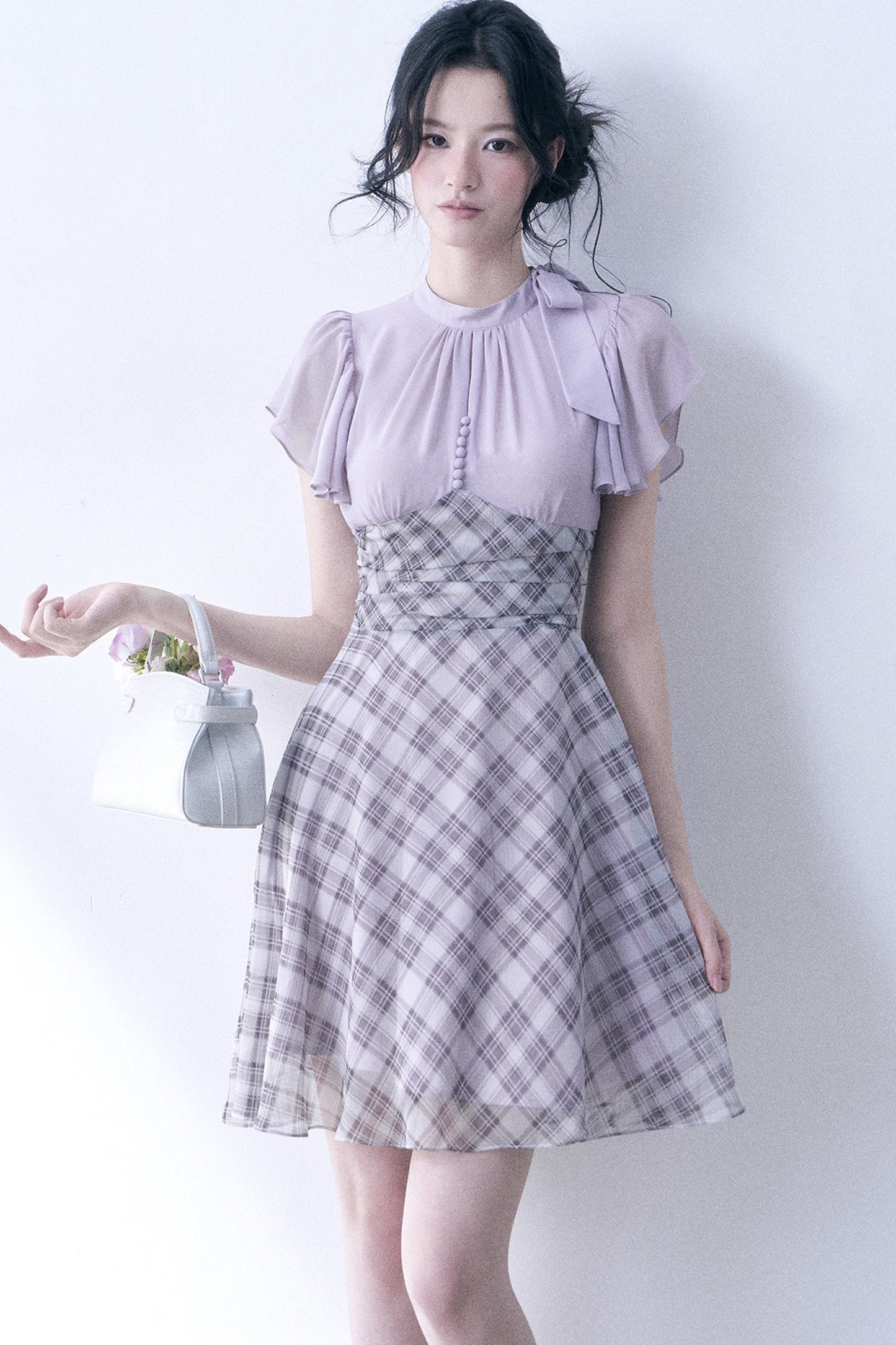 Lavender Plaid Flutter Sleeve Dress
