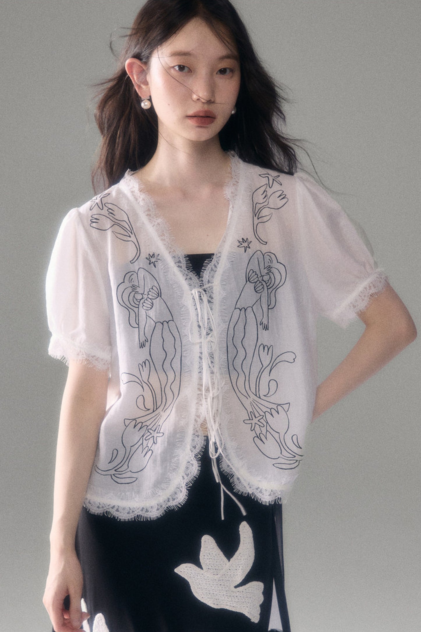 Mermaid Print Tencel Linen Short-Sleeve Shirt
