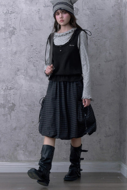 Black Gray Plaid Mid-Length Skirt Set-Up