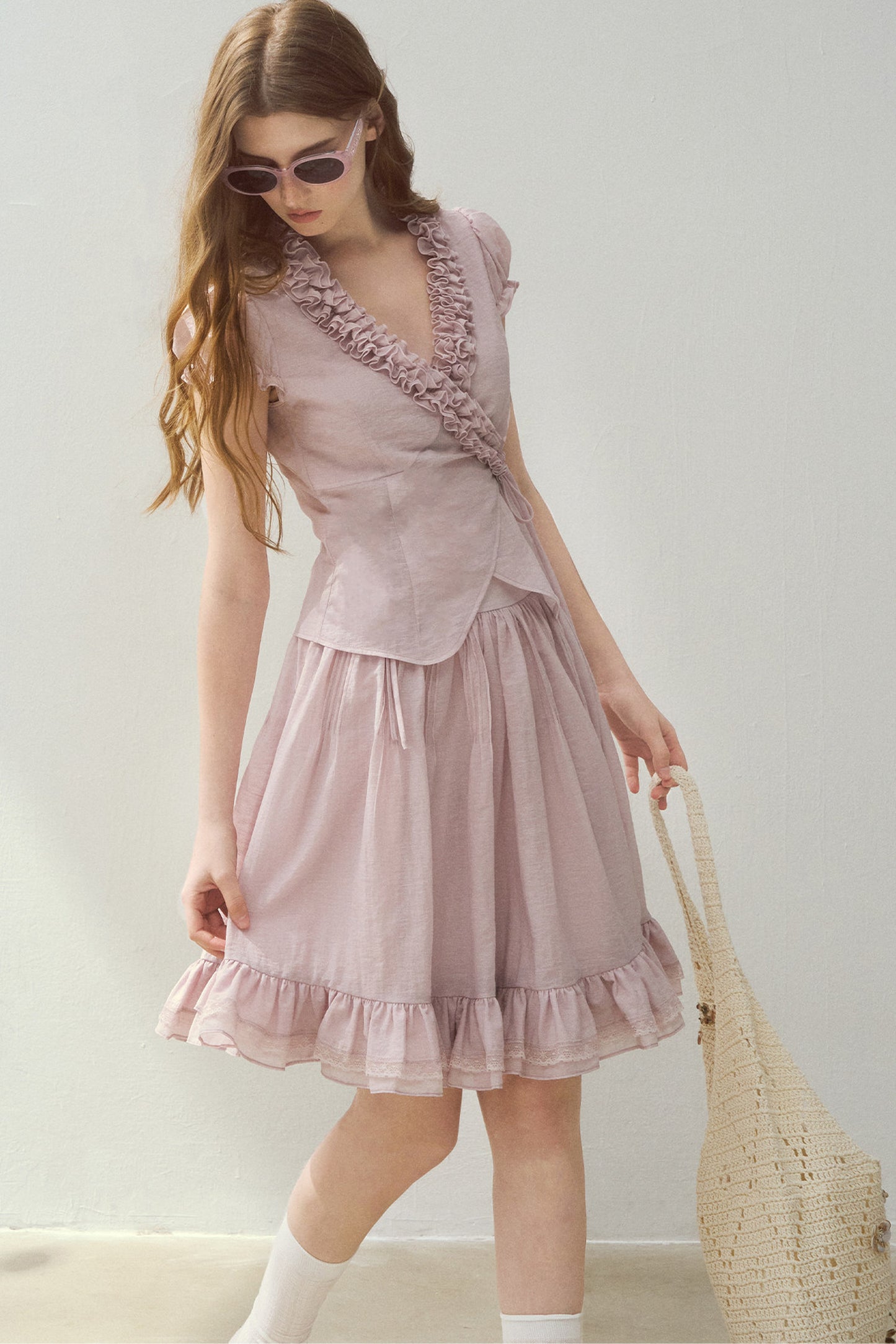 Purple Ruffle Trim Blouse and Tiered Skirt Set