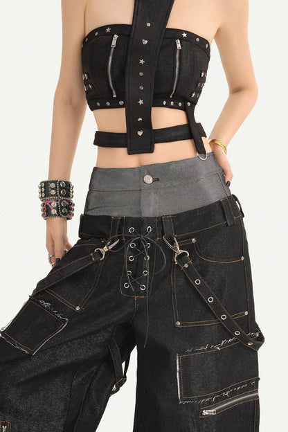 Punk Layered-Look Workwear Jeans