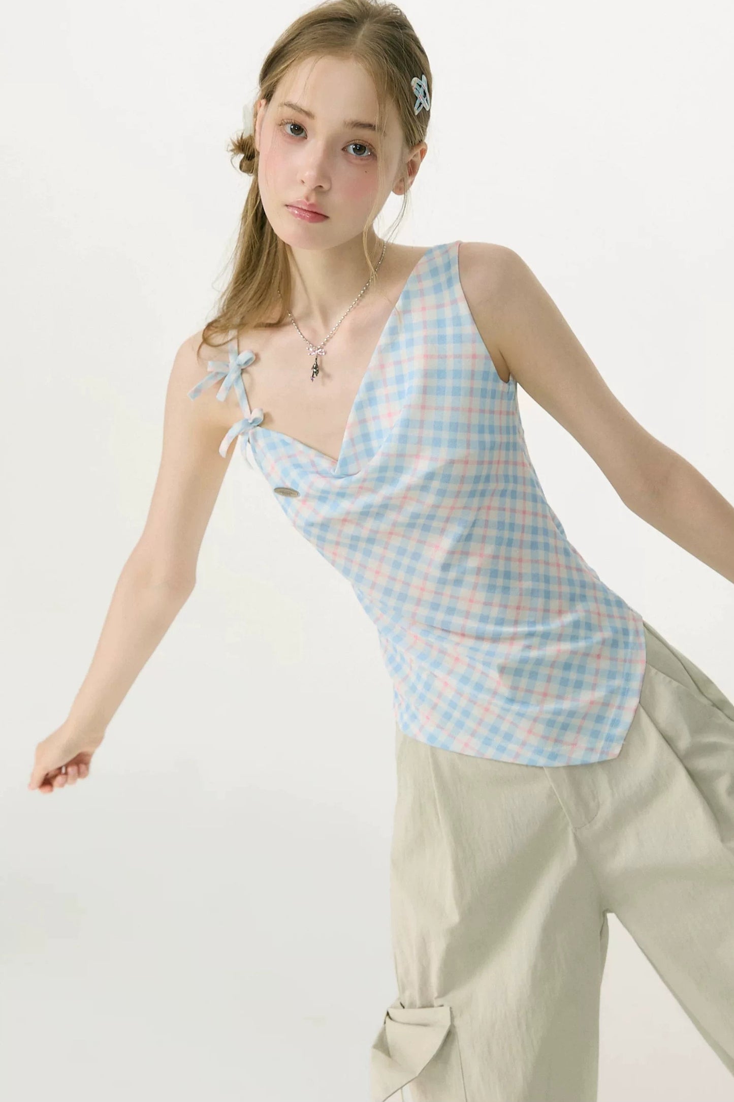 Sweetness Blue Plaid Bowknot Tank