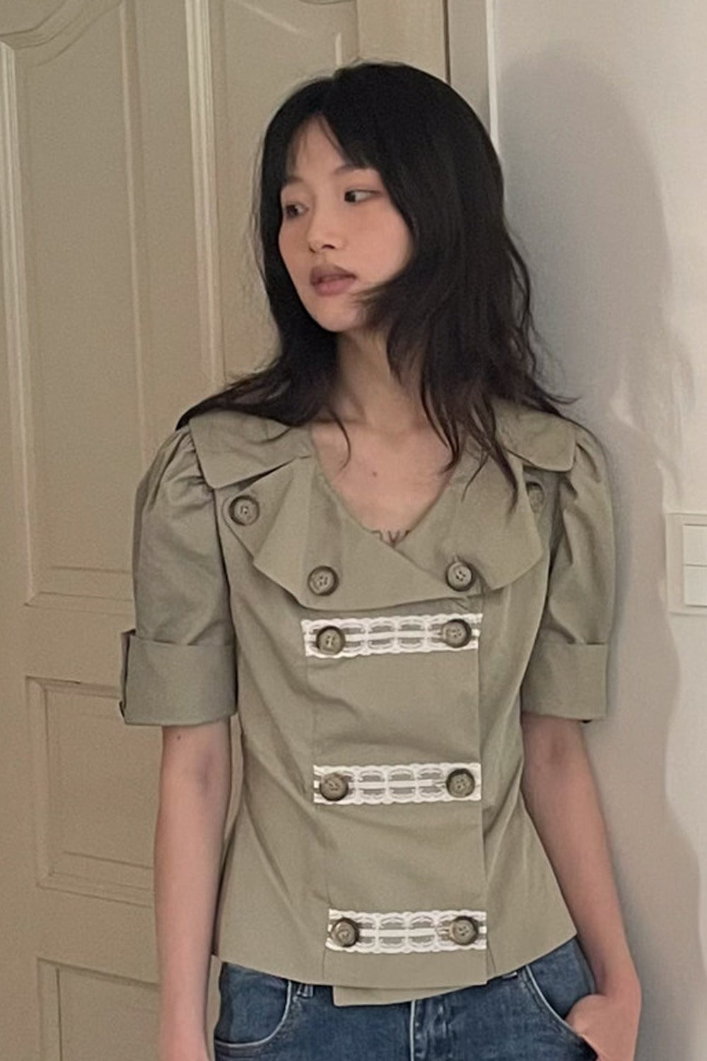 Trench Style Double-Breasted Lace Shirt