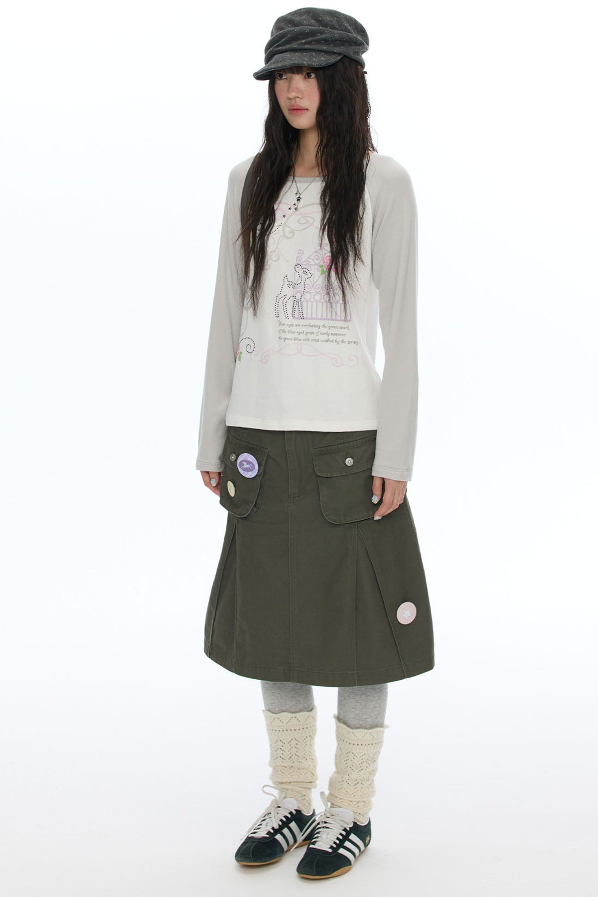 Deer Rose Print Long Sleeve Raglan Tee