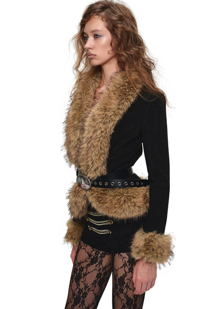 Large Fur Collar Leather Buckle Short Jacket