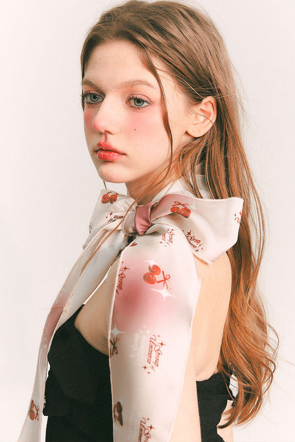 Cherry Print Logo Satin Scarf