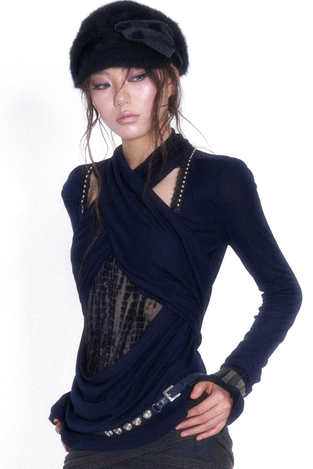 Cross-Neck Tencel Knit Mesh Spliced Long-Sleeved Top