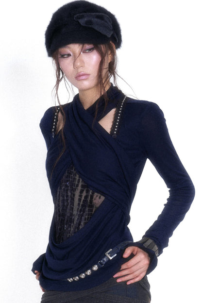 Cross-Neck Tencel Knit Mesh Spliced Long-Sleeved Top