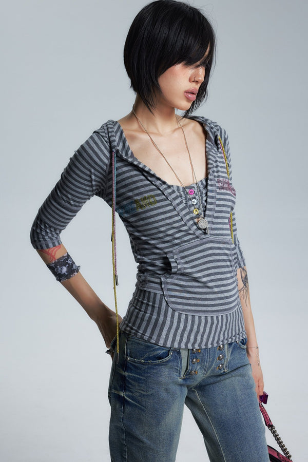 Divine Asymmetrical Frayed Striped Mid-Sleeve T-Shirt