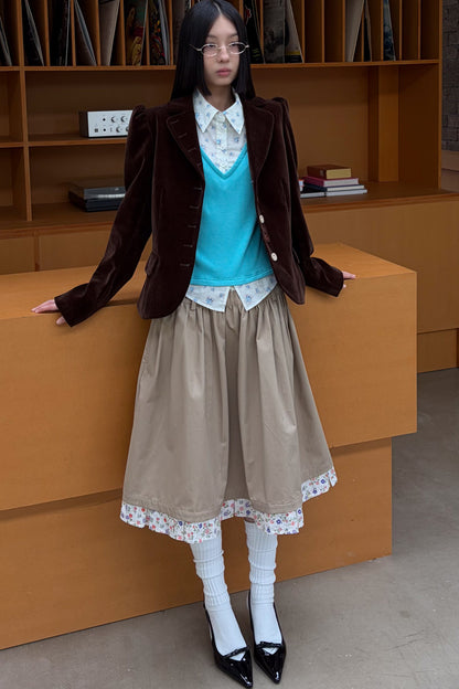 Floral Patchwork Ruched A-Line Skirt