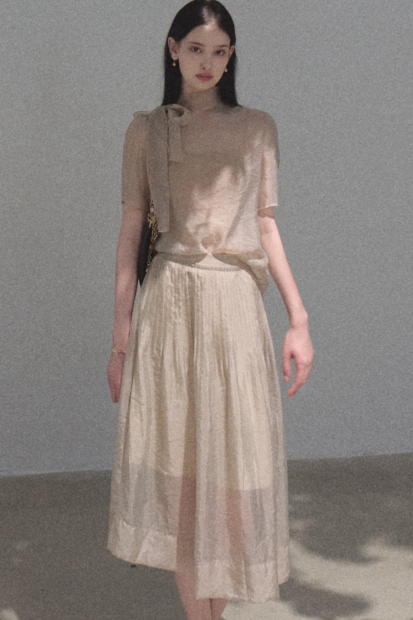 Short-Sleeved Chiffon Blouse and Pleated Mesh Skirt Set-Up