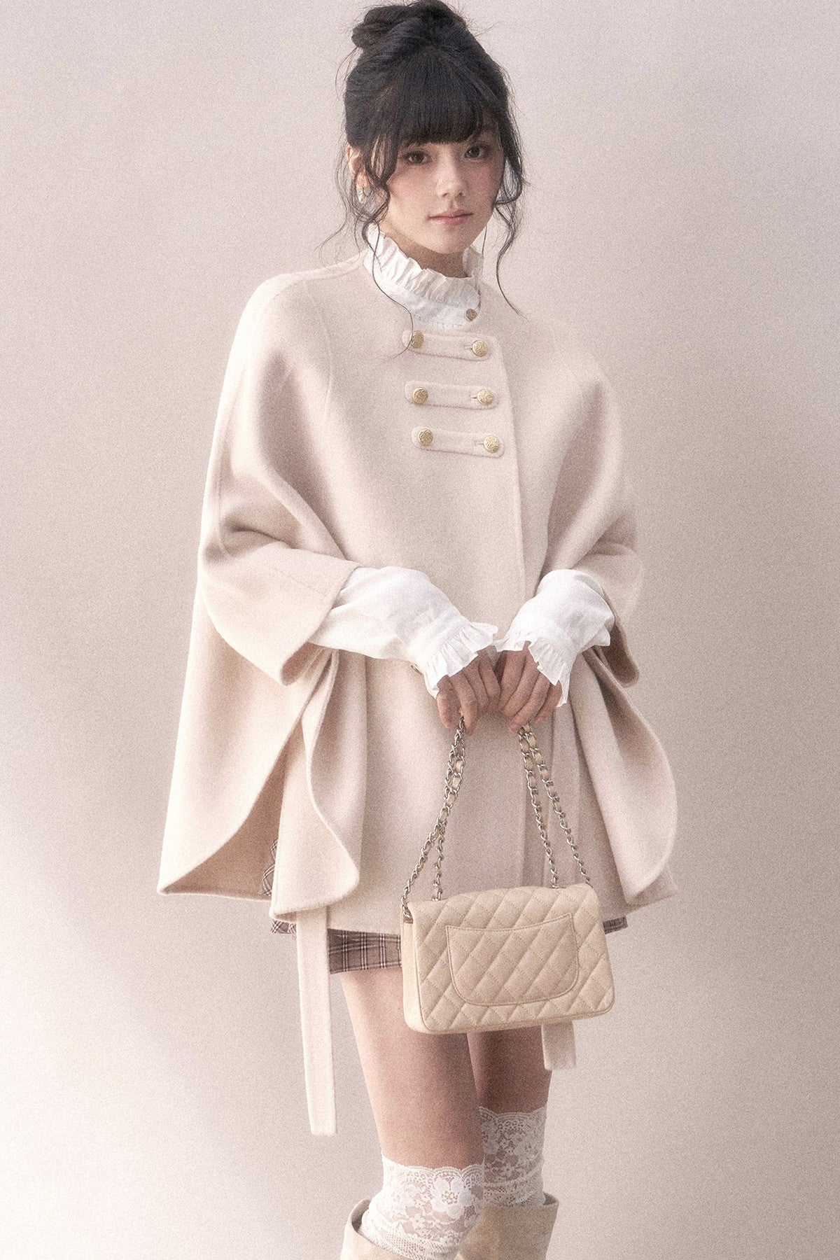 Double-Sided Wool Metal Button Cape Coat Set
