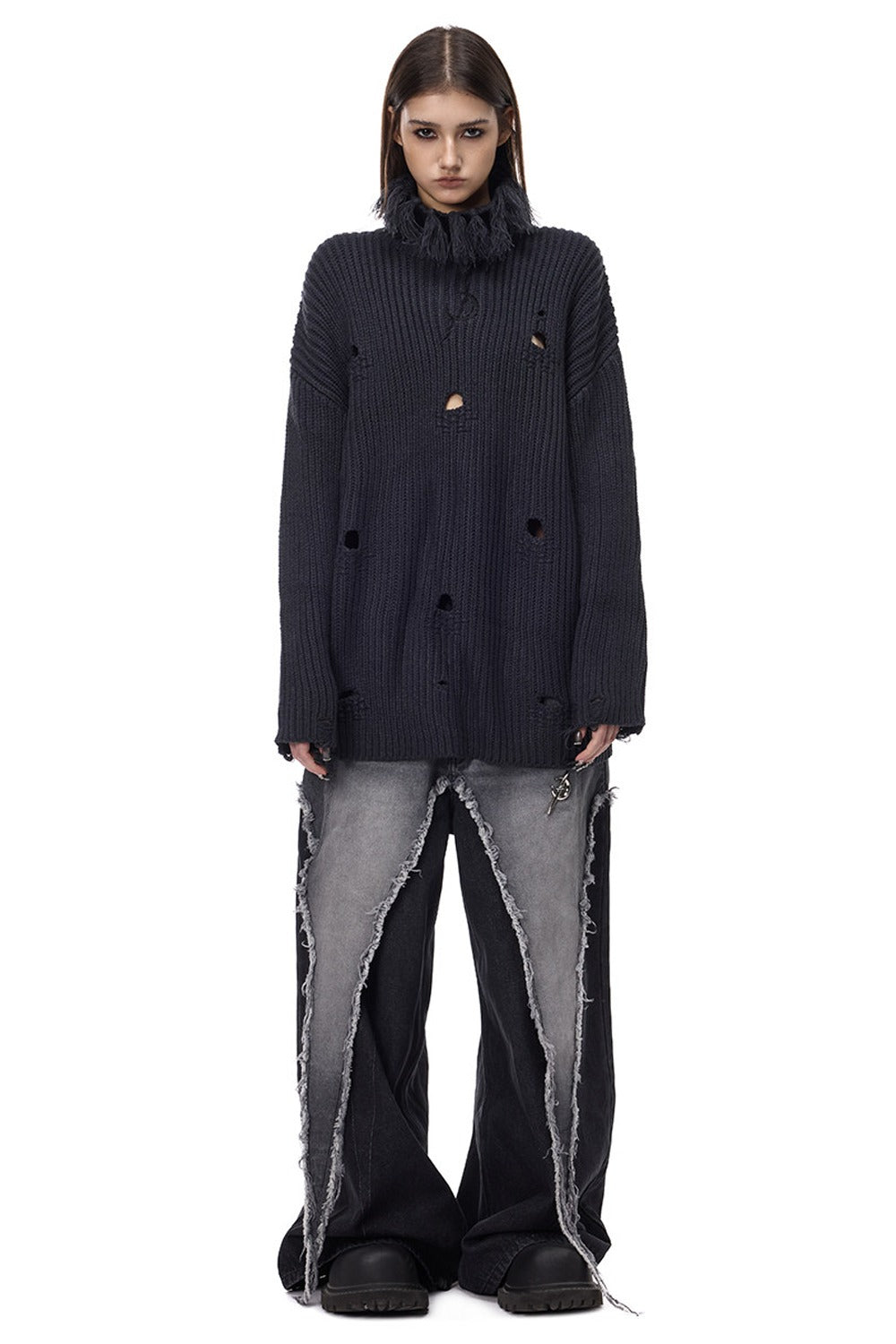Tassel Turtleneck Ripped Oversized Sweater