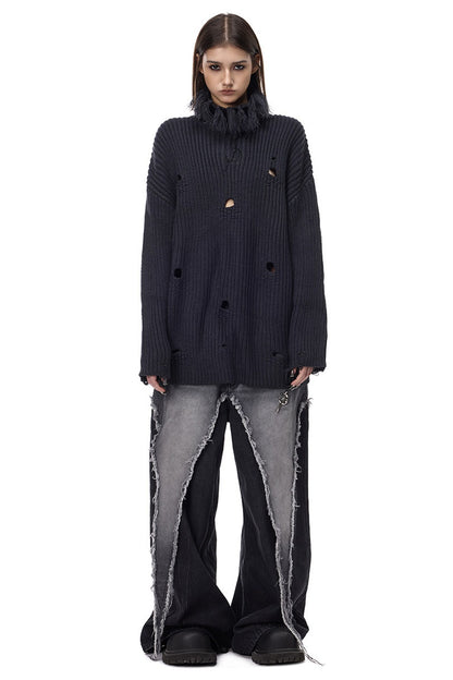 Tassel Turtleneck Ripped Oversized Sweater