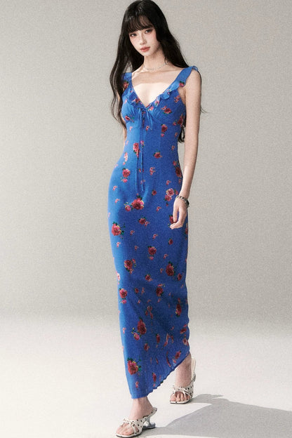 Abito estivo blu con rose