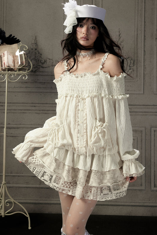 Beige Lace Off-Shoulder Dress