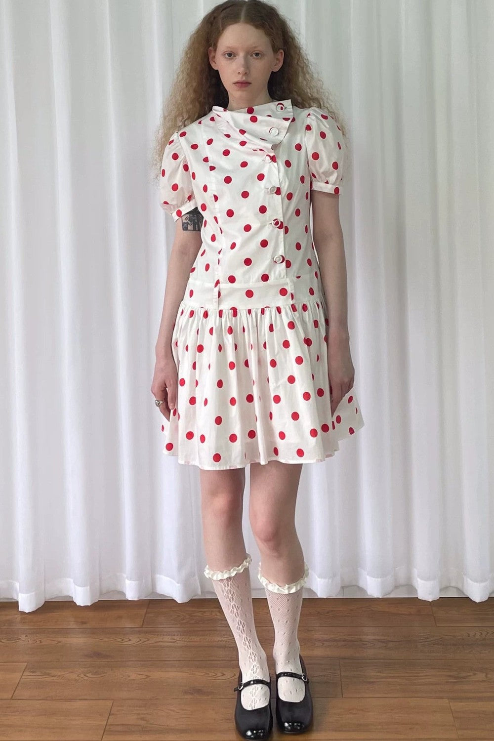 Red Retro Polka Dot Bubble Sleeve Dress