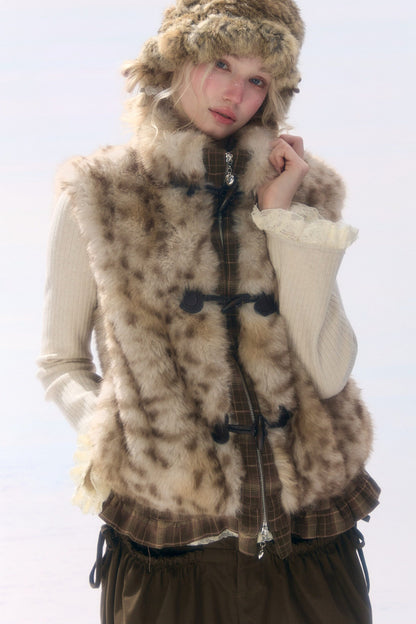 Plush Patchwork Plaid Leopard Horn Button Jacket