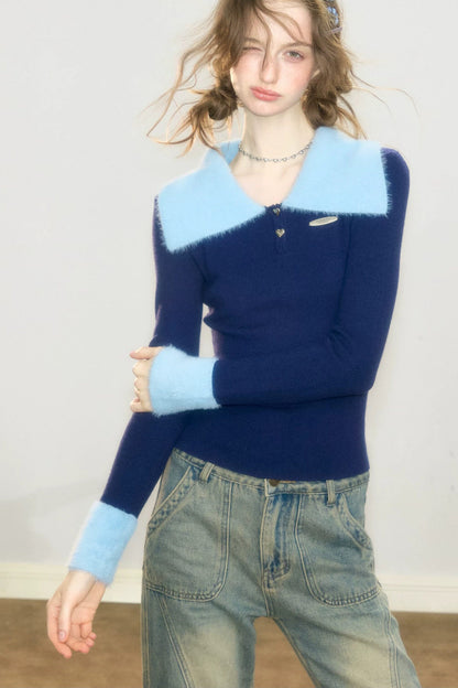 Navy Blue Polo Collar Knit Sweater
