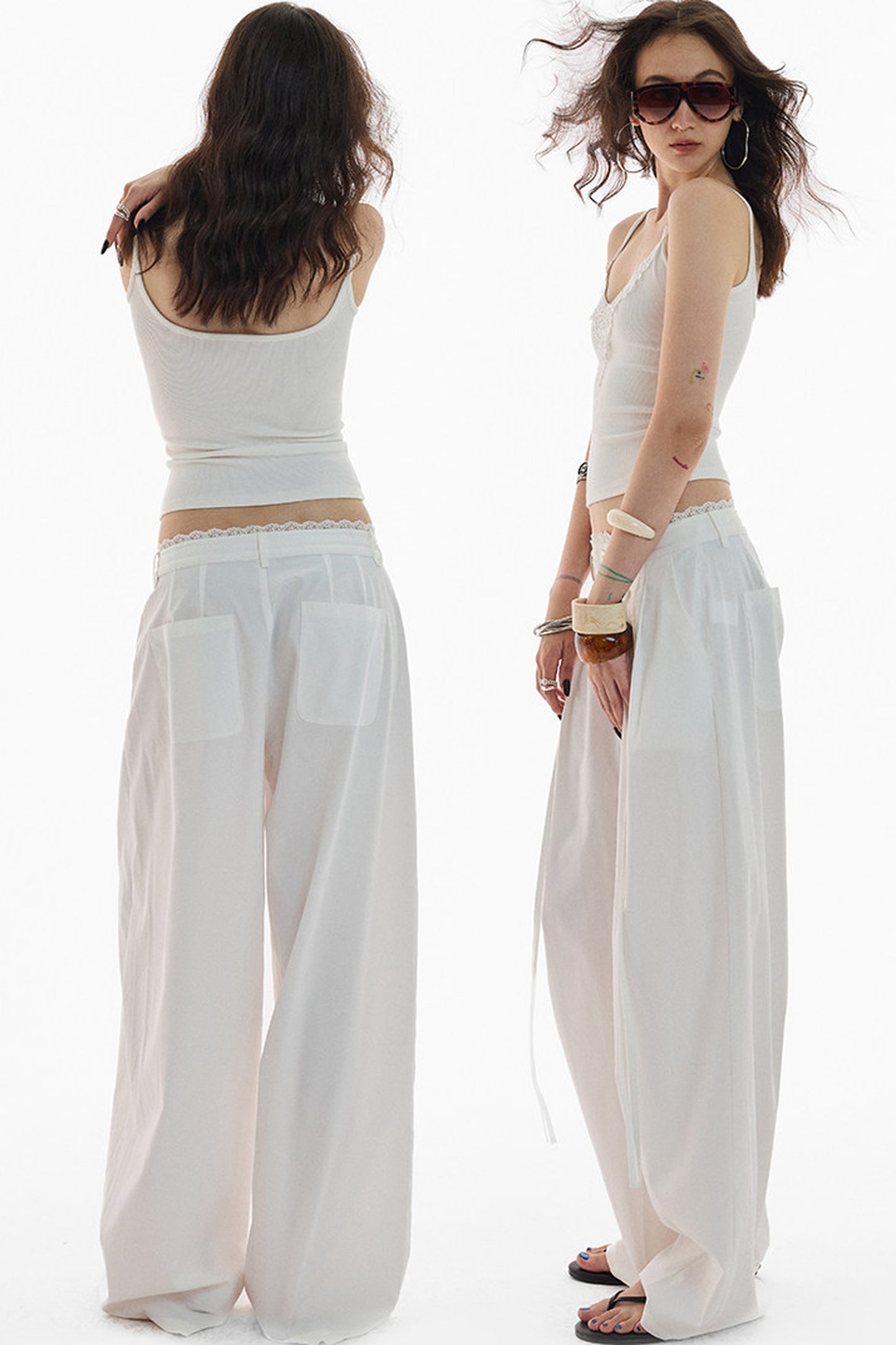 Lace Trim Pima Cotton Wide Leg Pants