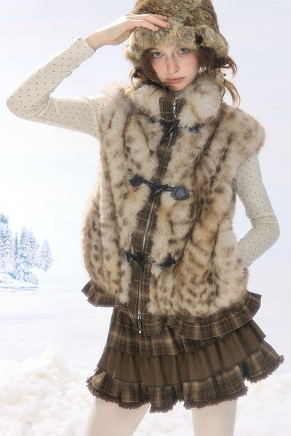 Plush Patchwork Plaid Leopard Horn Button Jacket